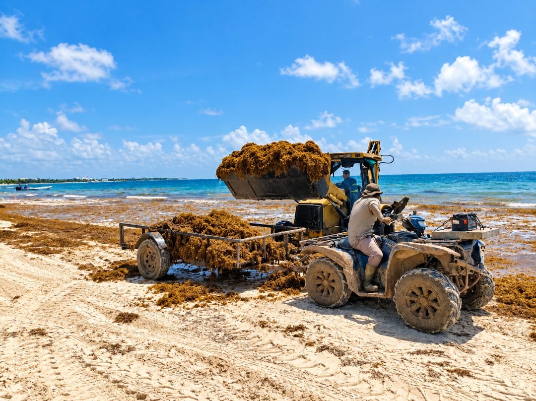 Playa antes de la limpieza, cubierta de sargazo